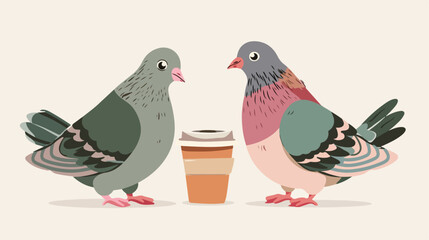 Two lazy pigeon with coffee in the wings. vector il