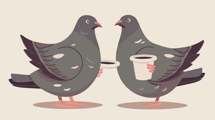 Two lazy pigeon with coffee in the wings. vector il - obrazy, fototapety, plakaty