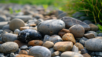 Pebbles on the shore of a lake with green grass in the background