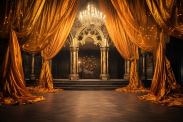fantasy golden stage with red velvet curtains - obrazy, fototapety, plakaty