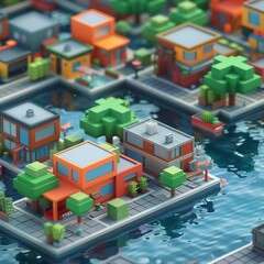 A Small City By The Water With Small Colorful Houses And Green Trees