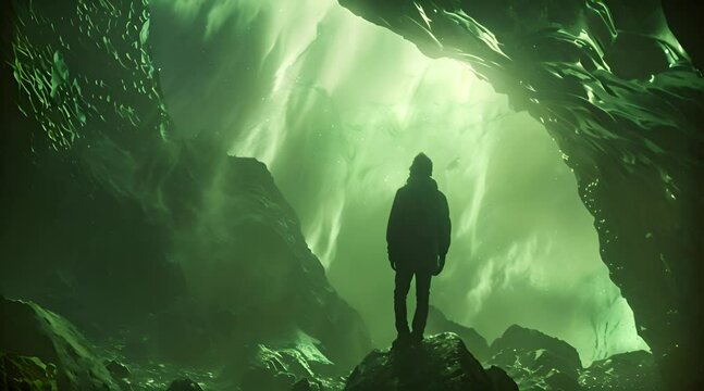man and dog standing on the background of the sky with beautiful aurora
