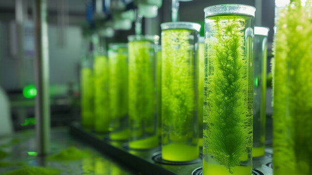 Closeup of algae biofuel cultivation in a laboratory, green sustainable energy research, focus on bioreactors with vibrant green algae ,hyper realistic, low noise, low texture