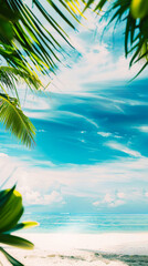 Fototapeta na wymiar beautiful beach with palm leaves and blue sky, tropical background. Clean background for online zoom meetings with open area for text