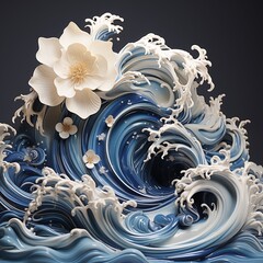 ocean waves breaking on the beach, abstract sculpture, blue water and white flowers