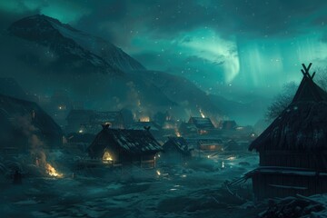 Detailed, atmospheric image of a Viking village under the northern lights, smoke rising from hearths - obrazy, fototapety, plakaty