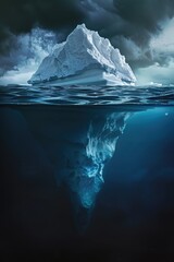 Hyper-realistic depiction of icebergs floating in dark, polar waters, their submerged bulk hinting at hidden depths