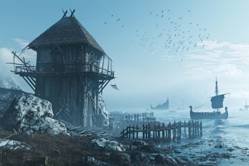 Hyper-realistic image of a Viking village at dawn, with longhouses shrouded in mist - obrazy, fototapety, plakaty
