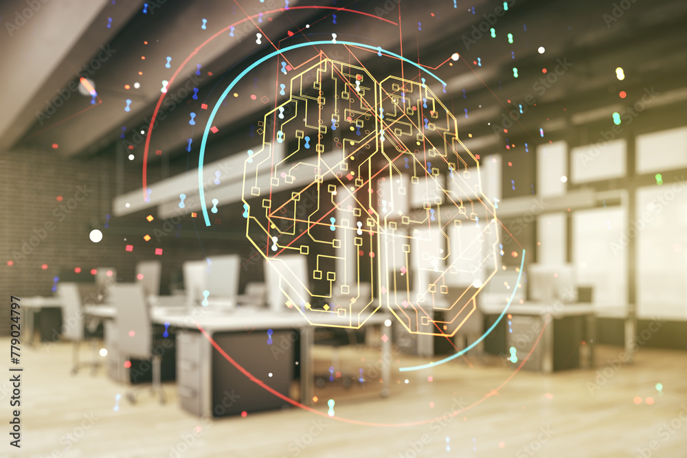 Poster virtual creative artificial intelligence hologram with human brain sketch on a modern furnished clas