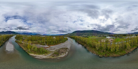 Aerial 360 Panorama of River, Farms and Mountain Landscape.