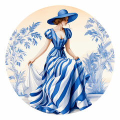 Painting woman in a blue and white dress and a straw hat 