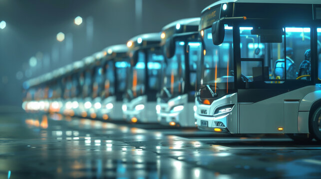 Electric buses in urban transit, promoting clean public transportation in a modern city, buses lined up at a bus station ,hyper realistic, low noise, low texture
