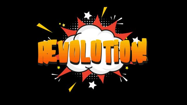 REVOLUTION - Comic strip cartoon animation Pop Art text message video 4K.
animation on black screen background of boom text in comic speech Bubbles Popup Style  Expressions.