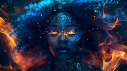 Surreal Vision of a Woman with Glowing Eyes and Ethereal Flames
