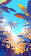 Fototapeta na wymiar Illustration of a wild tropical jungle in bright colors, the rays of the bright sun penetrate through the palm trees and plants