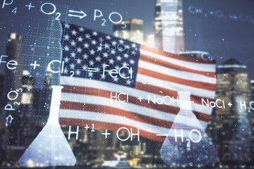 Double exposure of abstract virtual chemistry hologram on USA flag and blurry skyscrapers...