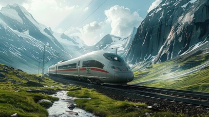 A high-speed train traveling through a mountainous region, with 6G cellular coverage ensuring seamless connectivity, - obrazy, fototapety, plakaty