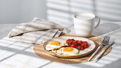 Breakfast with fried eggs and fried tomatoes with spinach on plate and cup of latte coffee