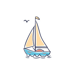 Minimalist colorful boat and flying birds.
