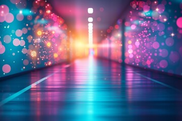 Glowing futuristic sci-fi tunnel with bright lights at the end of the corridor - obrazy, fototapety, plakaty