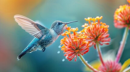 Fototapeta premium Macro shot of hovering hummingbird sipping nectar from colorful flower in motion