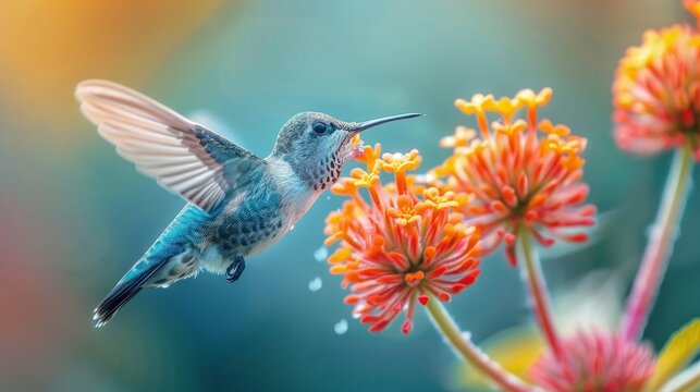 Macro shot of hovering hummingbird sipping nectar from colorful flower in motion