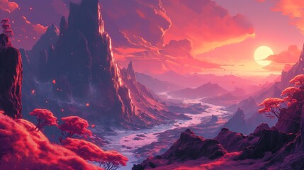 Alien Landscape with Lava Rivers and Crimson Sky