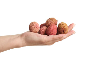 Female hand with lychee fruits on white isolated background
