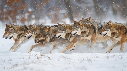 Wolves hunting prey in snowy terrain  intense moment captured with telephoto lens