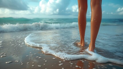 
Beautiful female legs against the background of the sea and the beach. A trip to the sea. Walk along the seashore. Summer vacation. Sea tickets. Sea wave. Epilation of legs. Suntan cream.