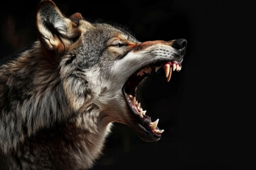 A wolf is shown with its mouth open, showing its teeth