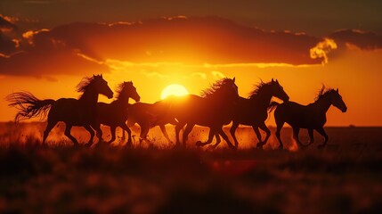A close-up portrait silhouette of horses running on plains, the sun casting long shadows, highlighting their graceful movement