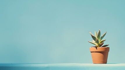 A lone succulent plant in a terracotta pot, set against a calming sky blue backdrop - obrazy, fototapety, plakaty