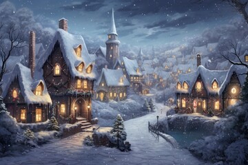 Winter village, A whimsical winter village scene with twinkling lights, AI generated