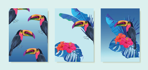 Tropical summer set with toucans, palm leaves and hibiscus. For greeting cards, party, poster, birthday, wedding. Summer jungle background. Vector illustration