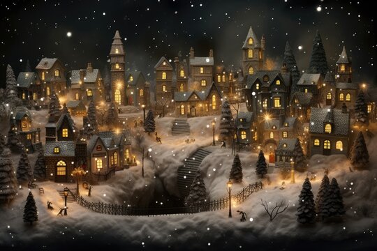 Winter village, A whimsical winter village scene with twinkling lights, AI generated