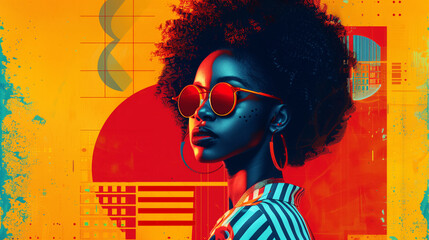 A woman with a red background and a yellow background. She is wearing sunglasses. Fashionable African American woman with colorful geometric face graphics. Multi-layered collage retro background