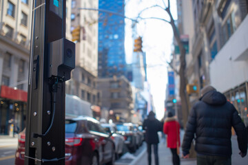 Obraz premium Detection or recognition sensor placed on a city street, safety of people on city streets, security camera