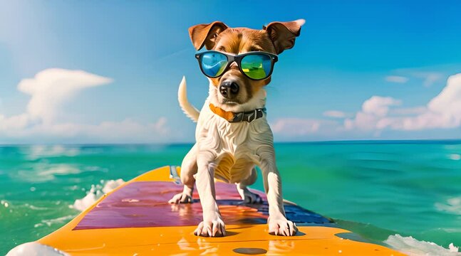 a dog riding a surfboard on sea water