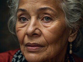 Close-up portrait of an elderly woman with deep emotional expression and life experience in her eyes