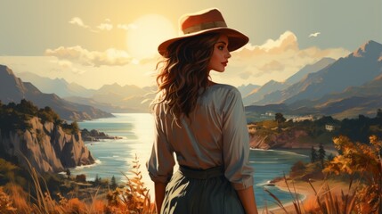 An illustration of a woman standing on a cliff overlooking the ocean