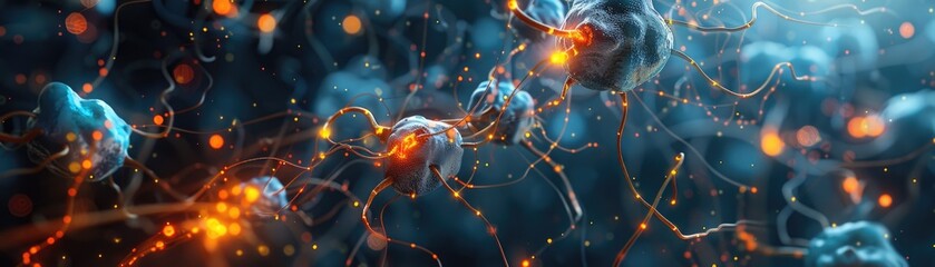 Obraz premium Hyper-realistic image of nanobots repairing neurons in the brain, illuminated by neural electrical impulses, 3D illustration