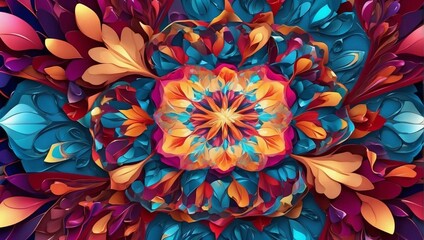 Vivid and electrifying kaleidoscope image with a floral motif exploding with vibrant colors