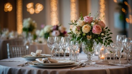 An exquisite table setting for a special occasion featuring delicate rose centerpieces and ambient candlelight