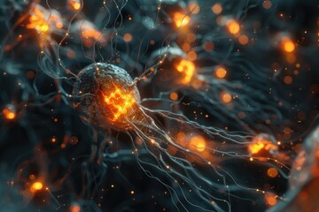 Detailed, atmospheric illustration of nanobots enhancing neural connections in the brain, with synapses softly glowing, 3D illustration