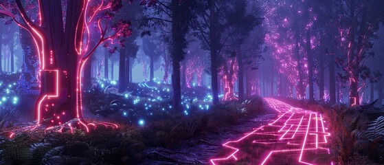 An electric forest with trees made of neon circuits