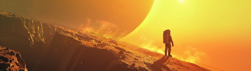 Detailed image of an astronaut standing at the precipice of a massive crater on Mercury, as the sun sets, 3D illustration