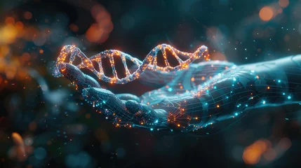 Deurstickers Detailed scene of a cybernetic hand holding a glowing DNA model, replication visible at a microscopic level, 3D illustration © Pungu x