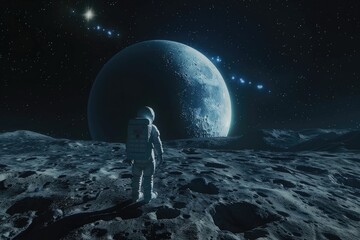 Detailed scene of an astronaut on a desolate moon, with Earth rising in the background, under a star-filled sky, 3D illustration