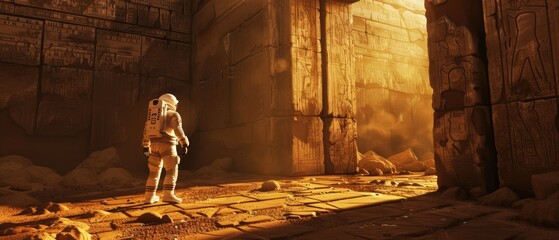 Detailed view of an astronaut discovering an ancient Martian temple, with eerie lighting casting long shadows, 3D illustration
